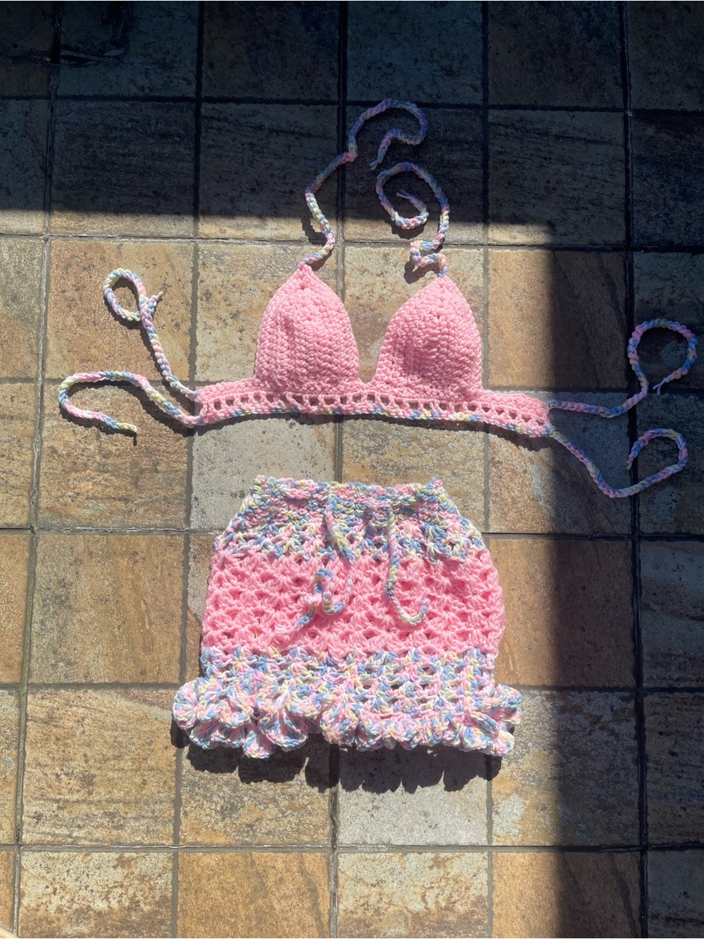 Handmade Pink Crochet 2-Piece | Bubblegum Pink & Pastel Mix Set | Size: M